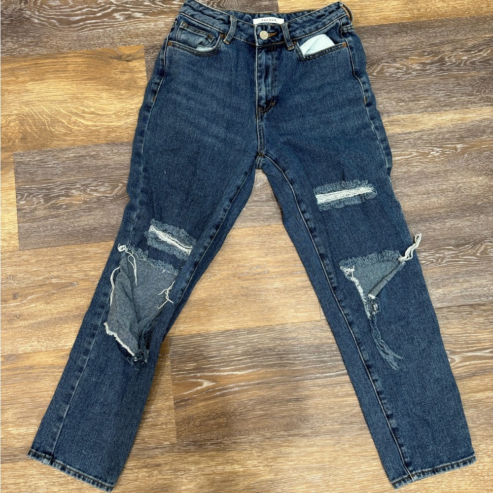 PacSun Dark Blue Distressed Straight Leg Jeans